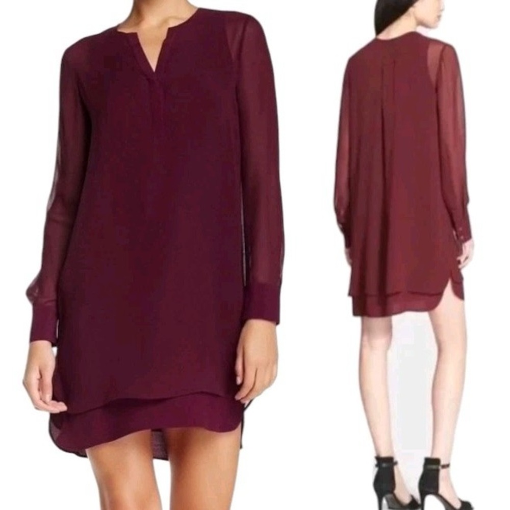 Vince Maroon Long Sleeve Silk Dress